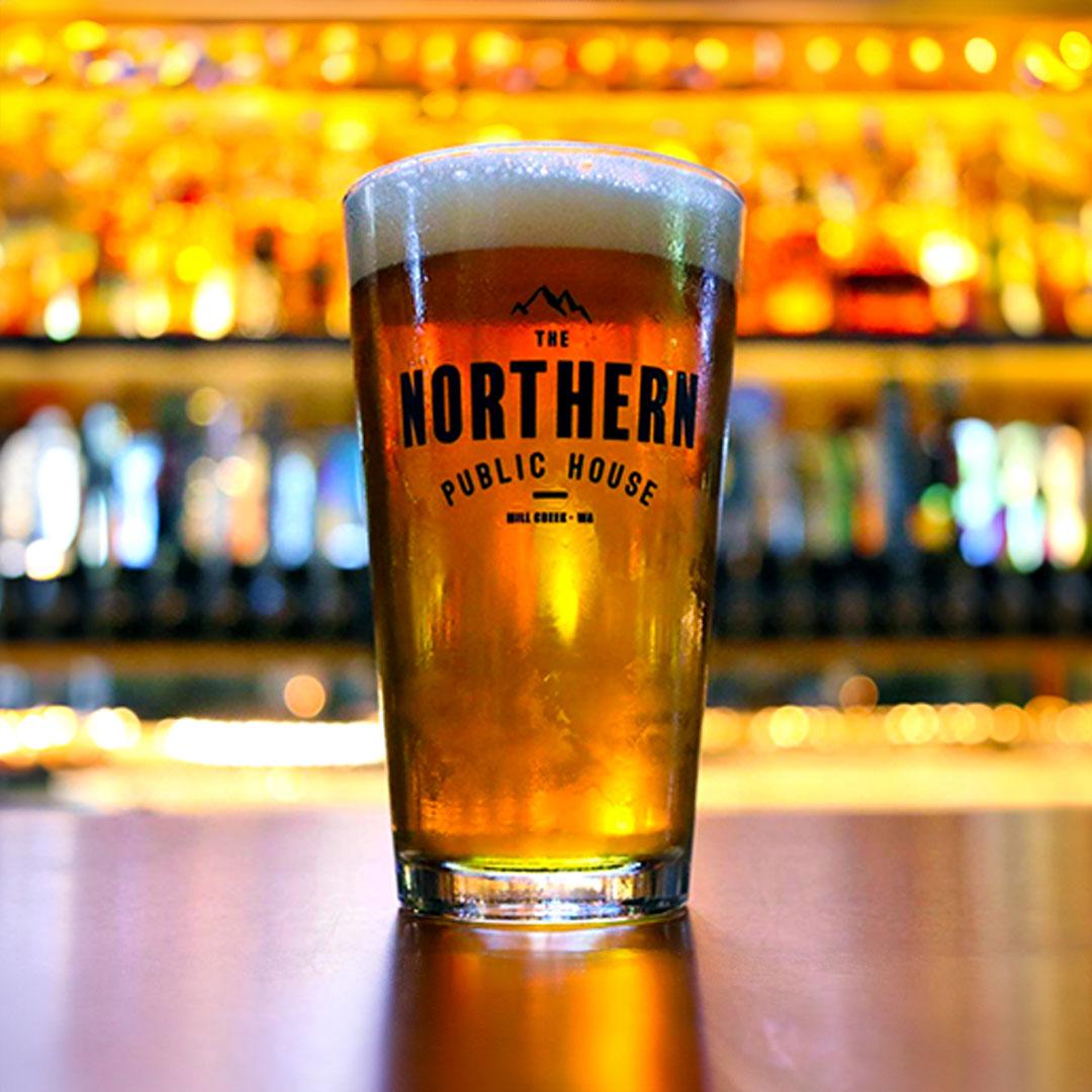 Close up of a glass of amber ale from the Northern Public House brewery.