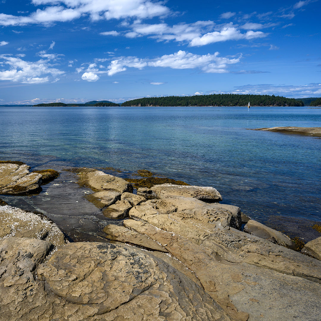 View of calm ocean waters from a smooth outcrop of stone
