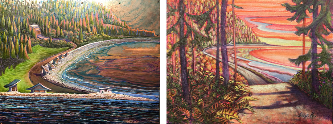 Two oil on canvas paintings by Trish Harding named Lane Spit and the other painting is named Nugent