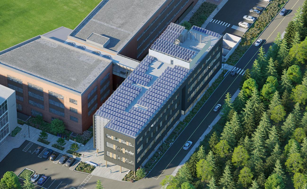 Computer rendering of the aerial view of the Kaiser Borsari building on Westerns campus.