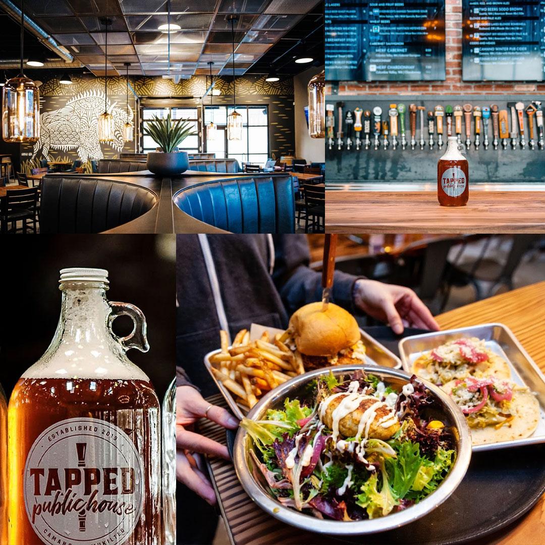 Collage of a restaurant with booths, bar with a growler on the counter and beer taps on the wall behind the growler, and a delicious looking salad, hamburger and fries, and tacos.