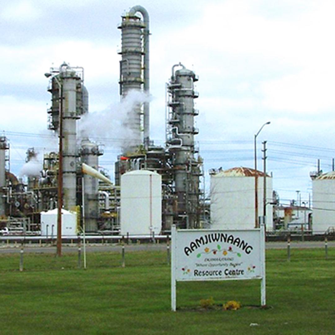 The Aamjiwnaang First Nation Resource Centre adjoins the Dow Chemical plant in Chemical Valley, Sarnia, Canada.