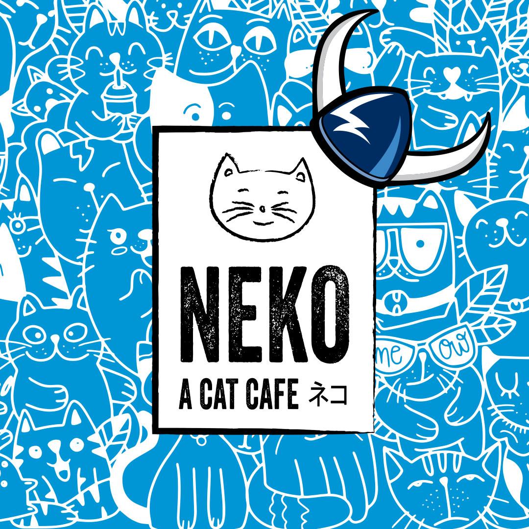 Neko Cat Cafe logo with Viking Helmet and pencil drawn cats in background