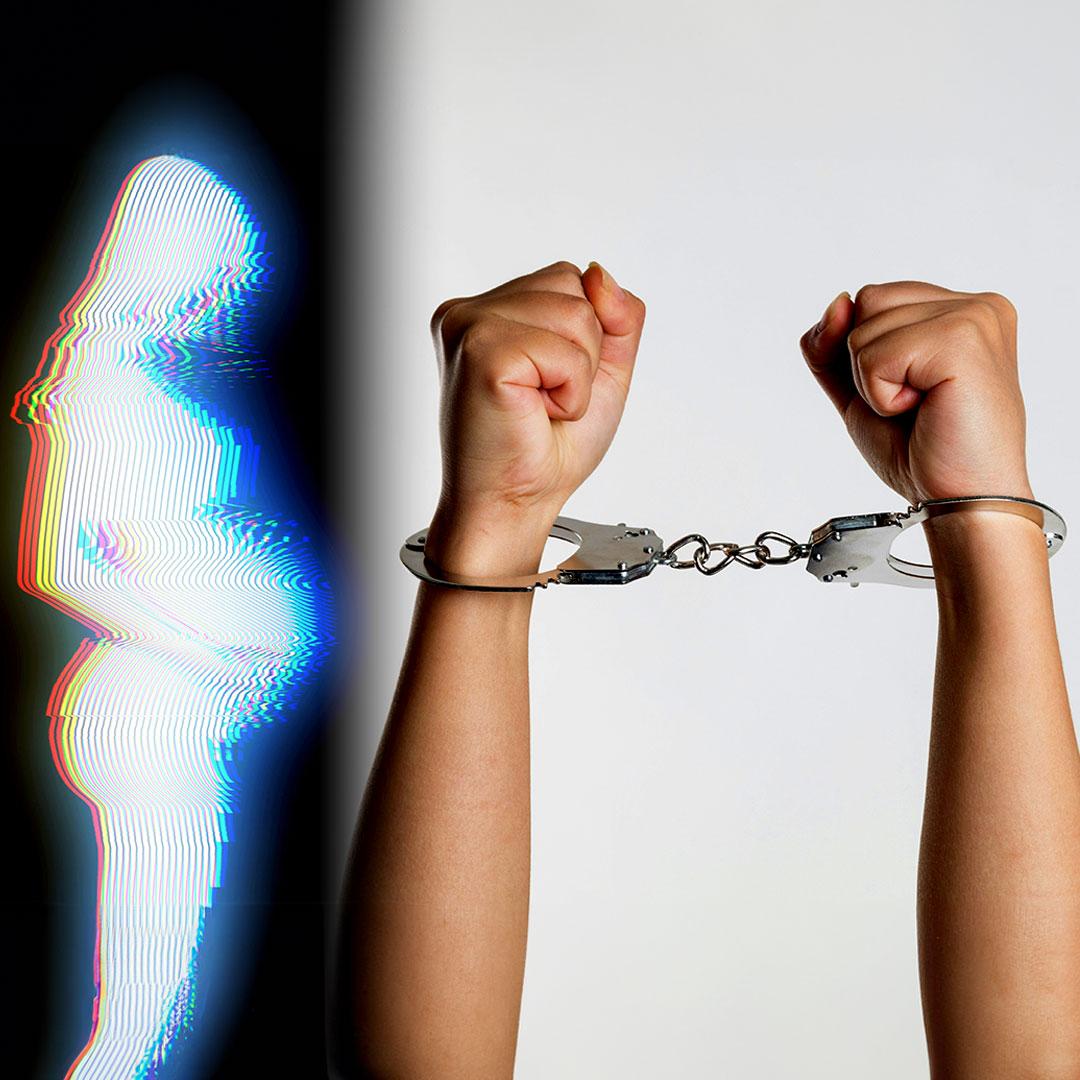 Montage of neon outlines of a standing pregnant woman and a woman's raised arms constrained by handcuffs.
