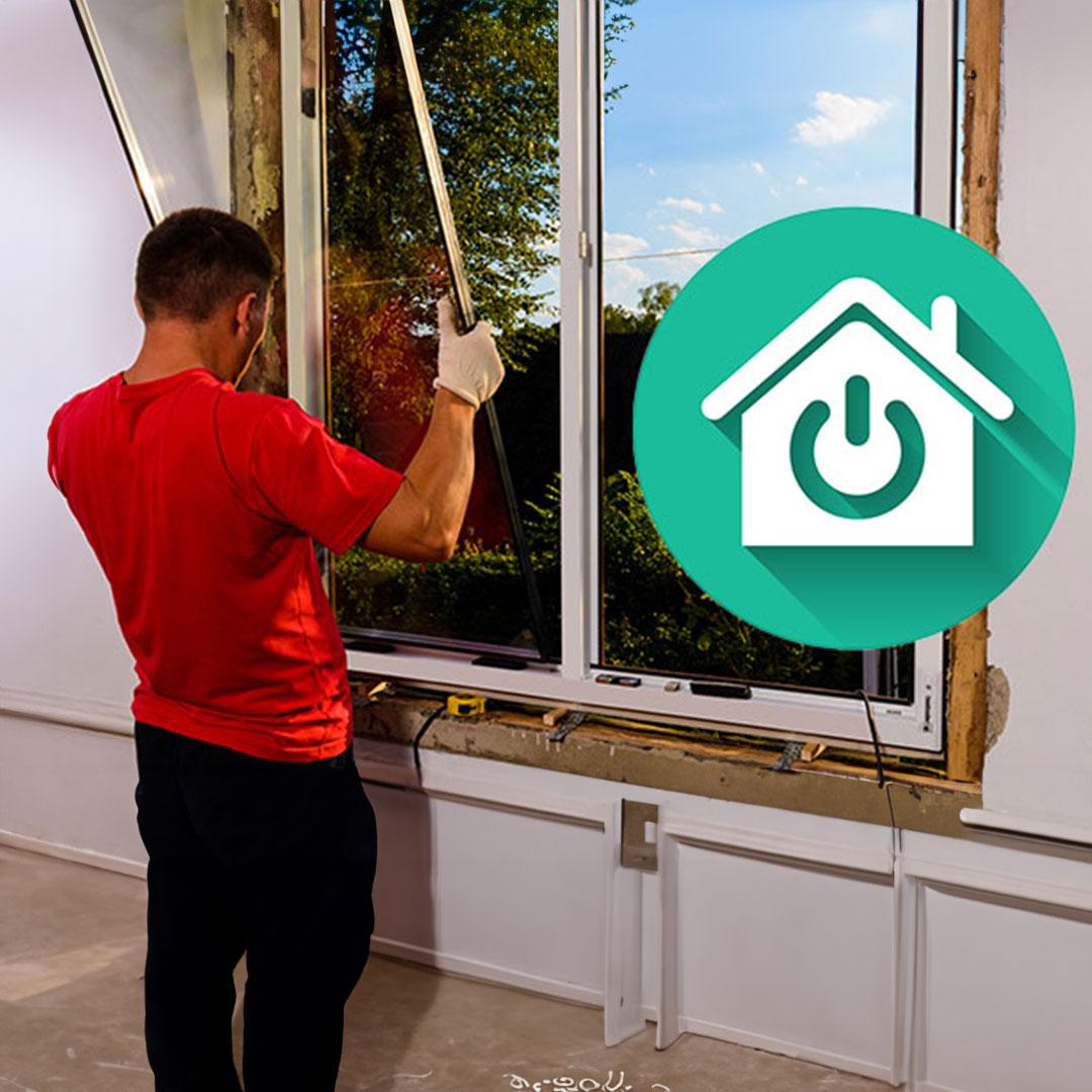 An icon of a home in a green circle and a man carefully installing a new weather-tight. window.