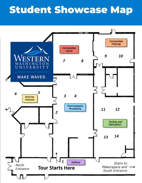 A floorpan showing the location of student showcases in Ross Engineering Tech building.