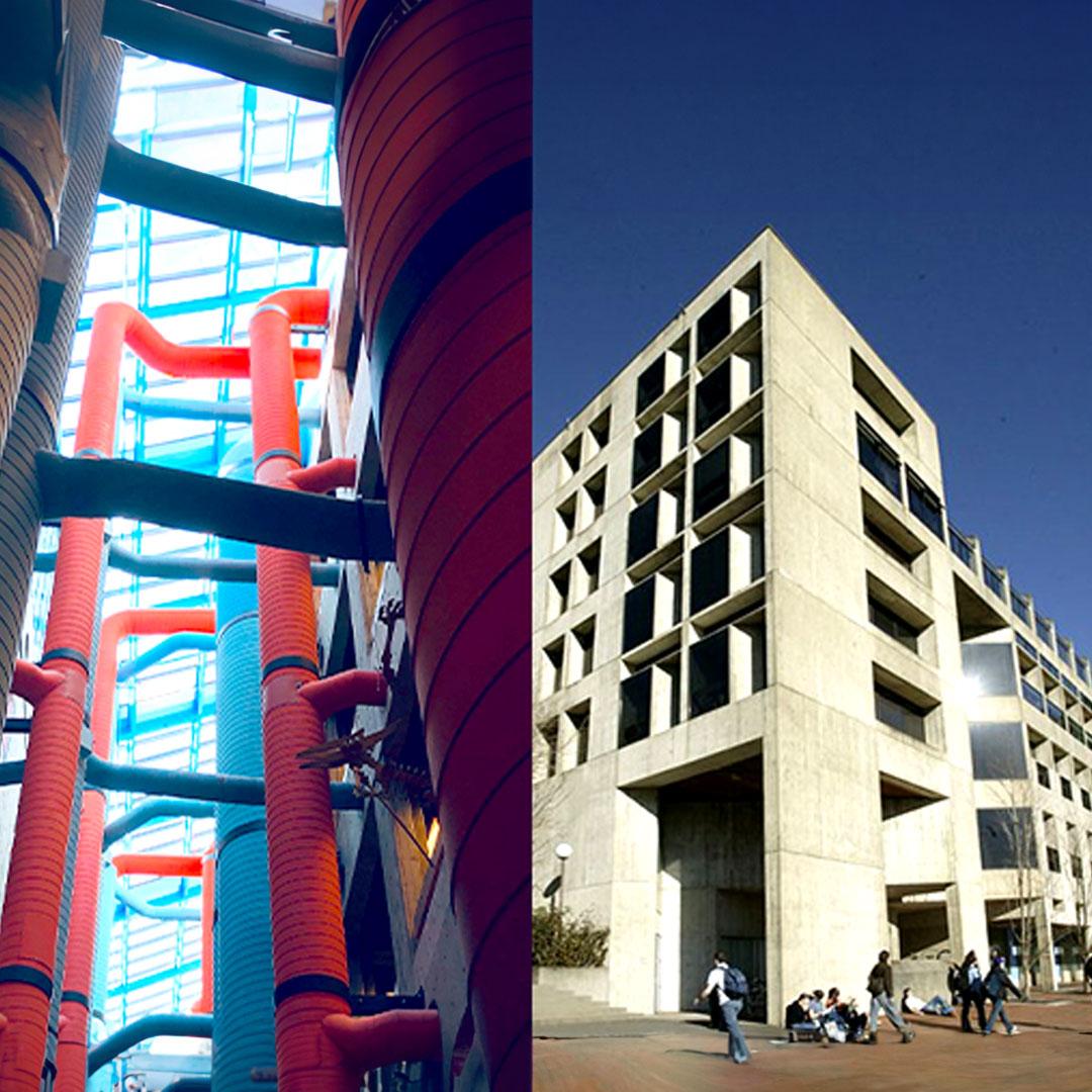 An exterior view of the Environmental Studies building at Western and an interior view of large orange and blue venting pipes in the interior atrium.