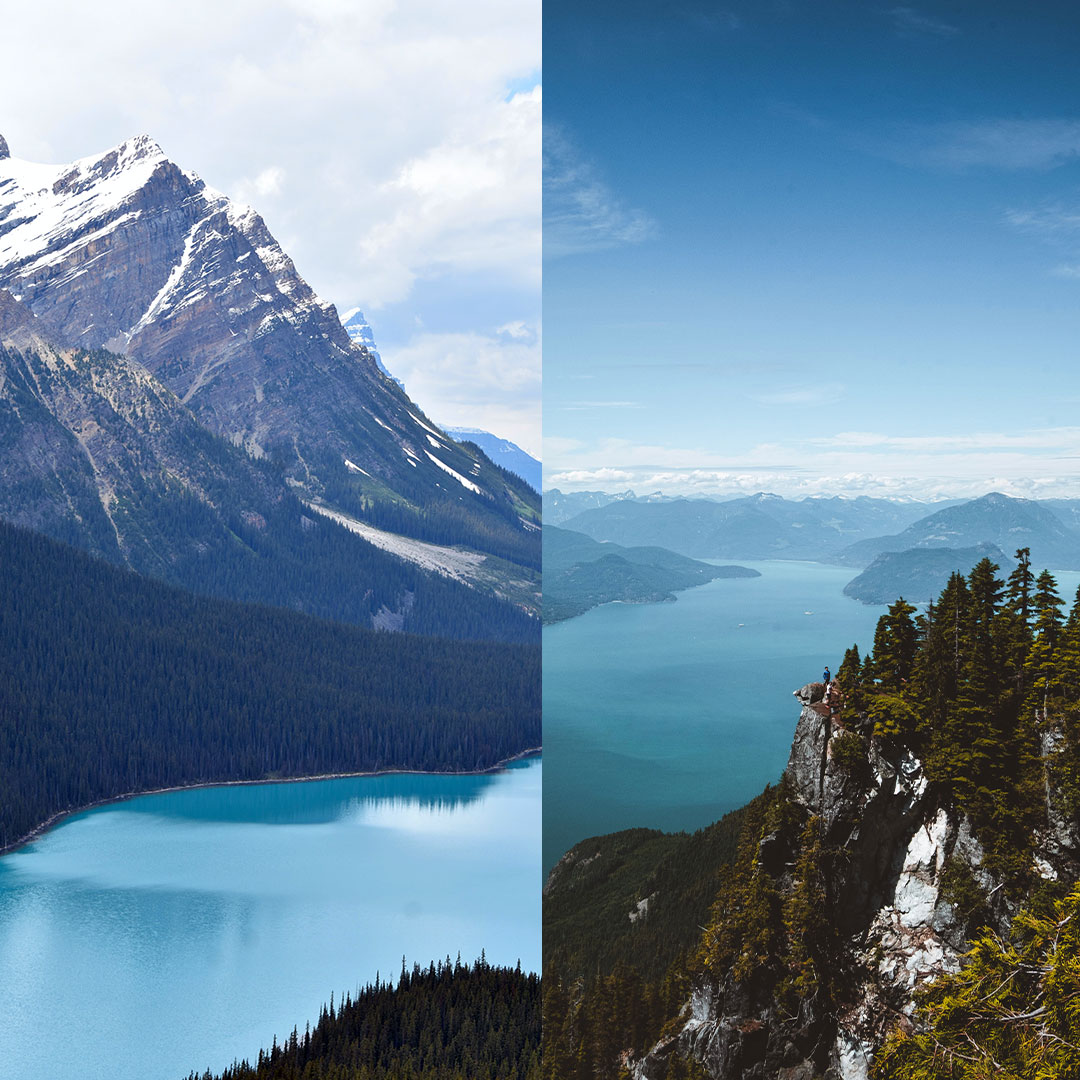 Two images showing mountains and large bodies of water