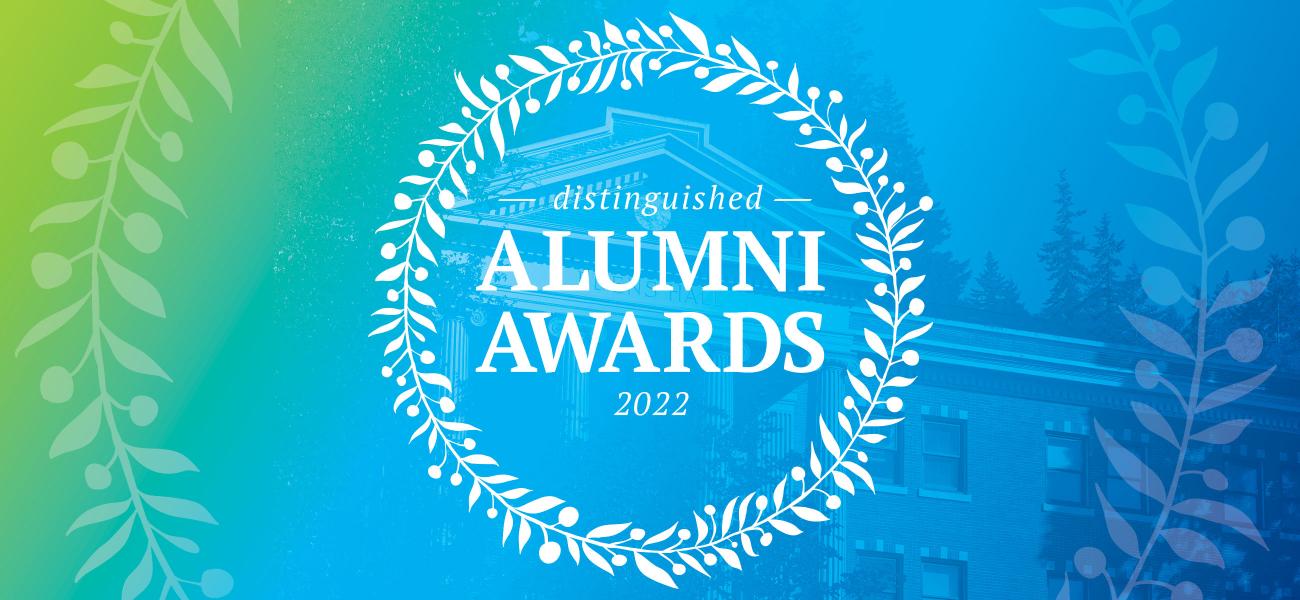 Distinguished Alumni Awards 2022 logo with a watermark Western blue to Sounders green gradient in the background