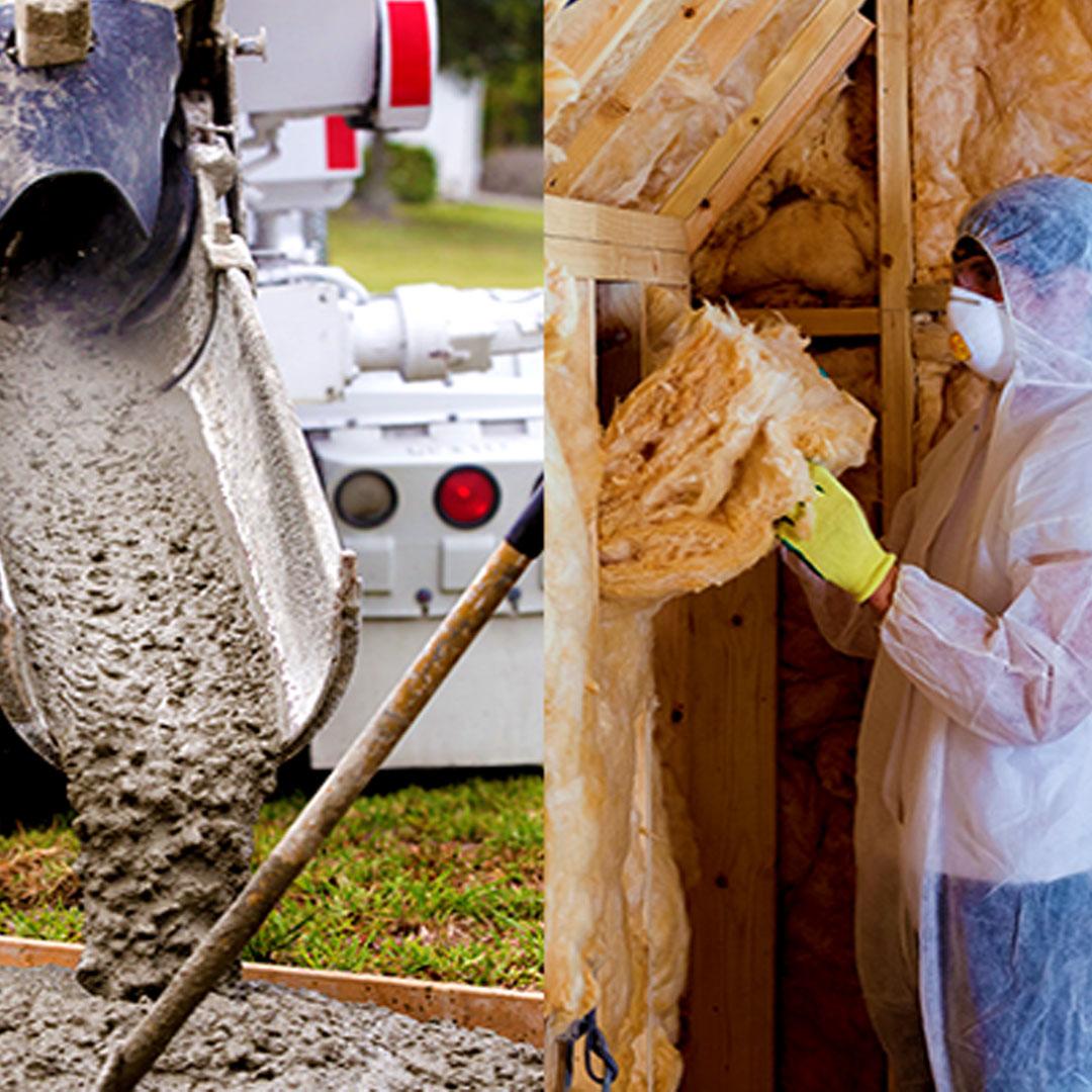 Cement truck pours concrete into a wooden form and a man dressed in protective gear install insulation in a building.