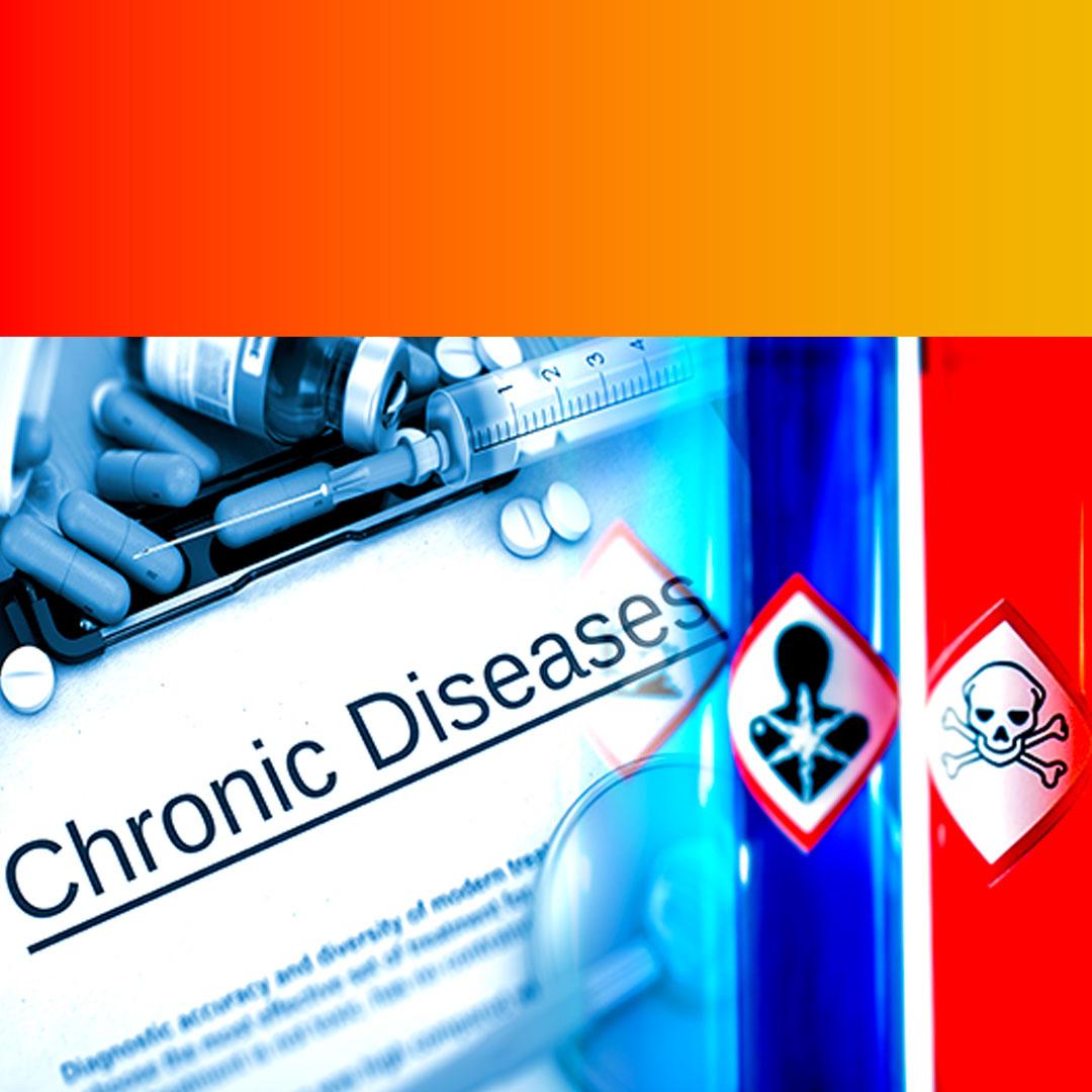Pills and a syringe on a document that says "Chronic Diseases" and glass tubes filled with red and blue liquid marked with hazard symbols.