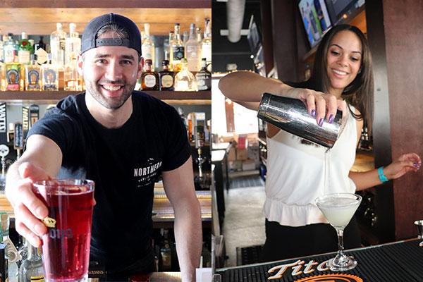 At the Northern Public House a male bartender serves a glass of beer and a female bartended pours a mixed drink.